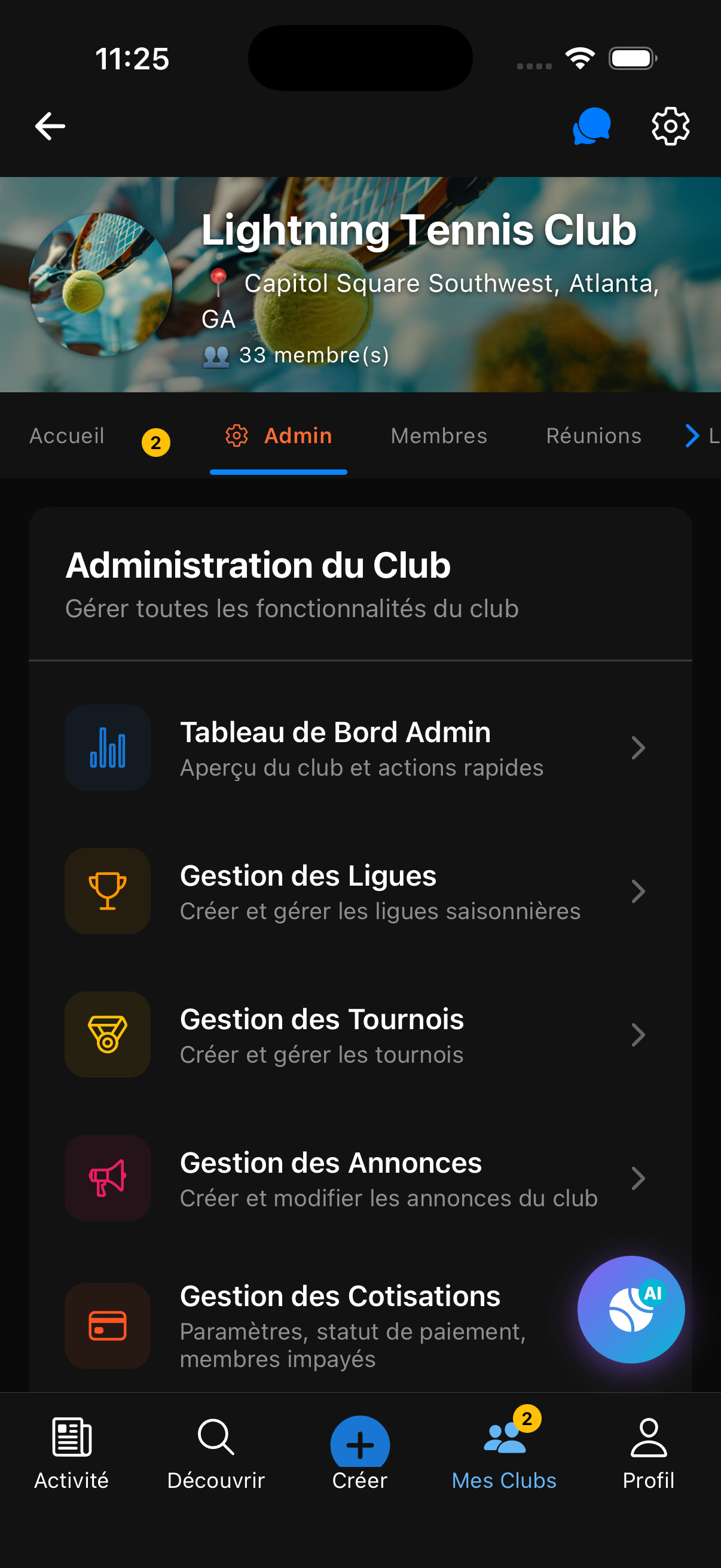 Tableau de bord Admin - Approbation membres, Création rencontres