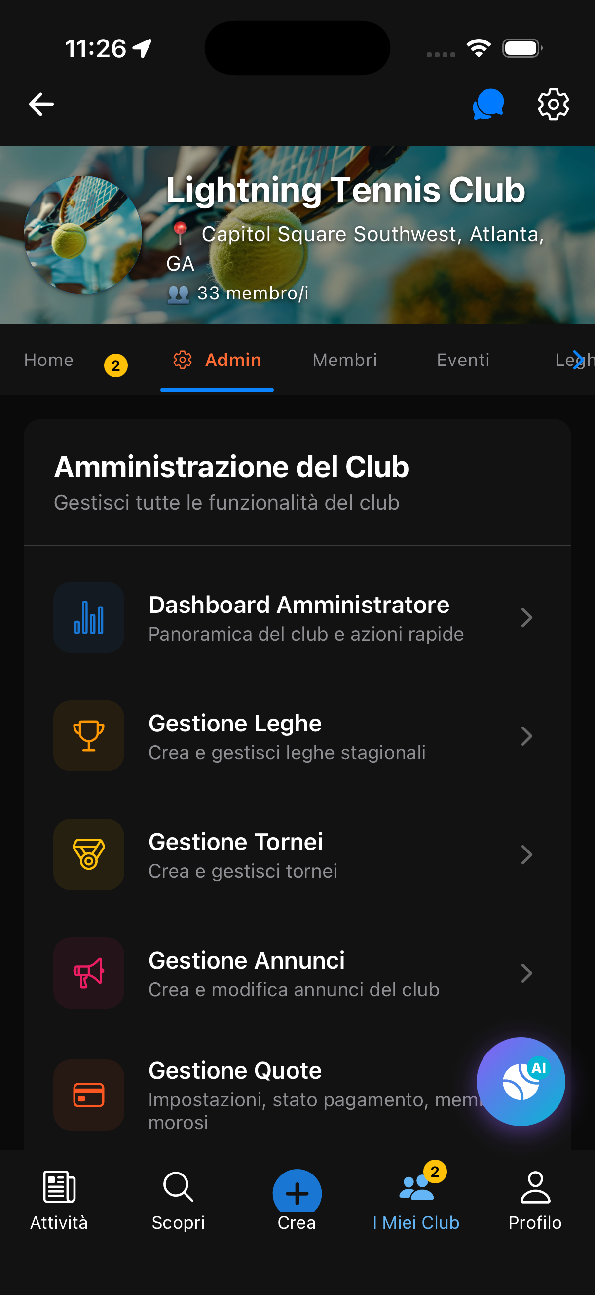 Dashboard Admin - Approvazione membri, Creazione incontri